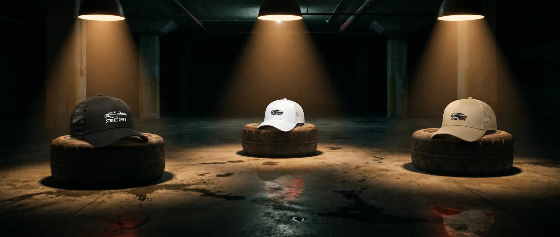 Les trois casquettes Street Drift posées sur des tires sous des spotlights dans le garage