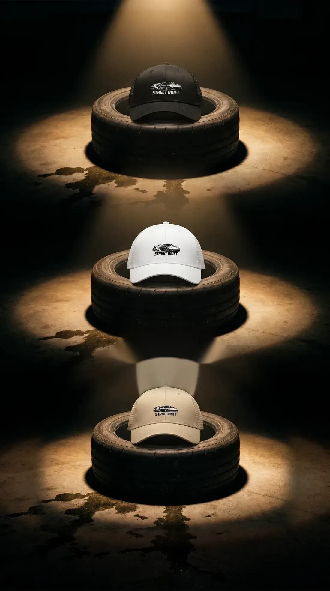 Les trois casquettes Street Drift posées sur des tires sous des spotlights dans le garage