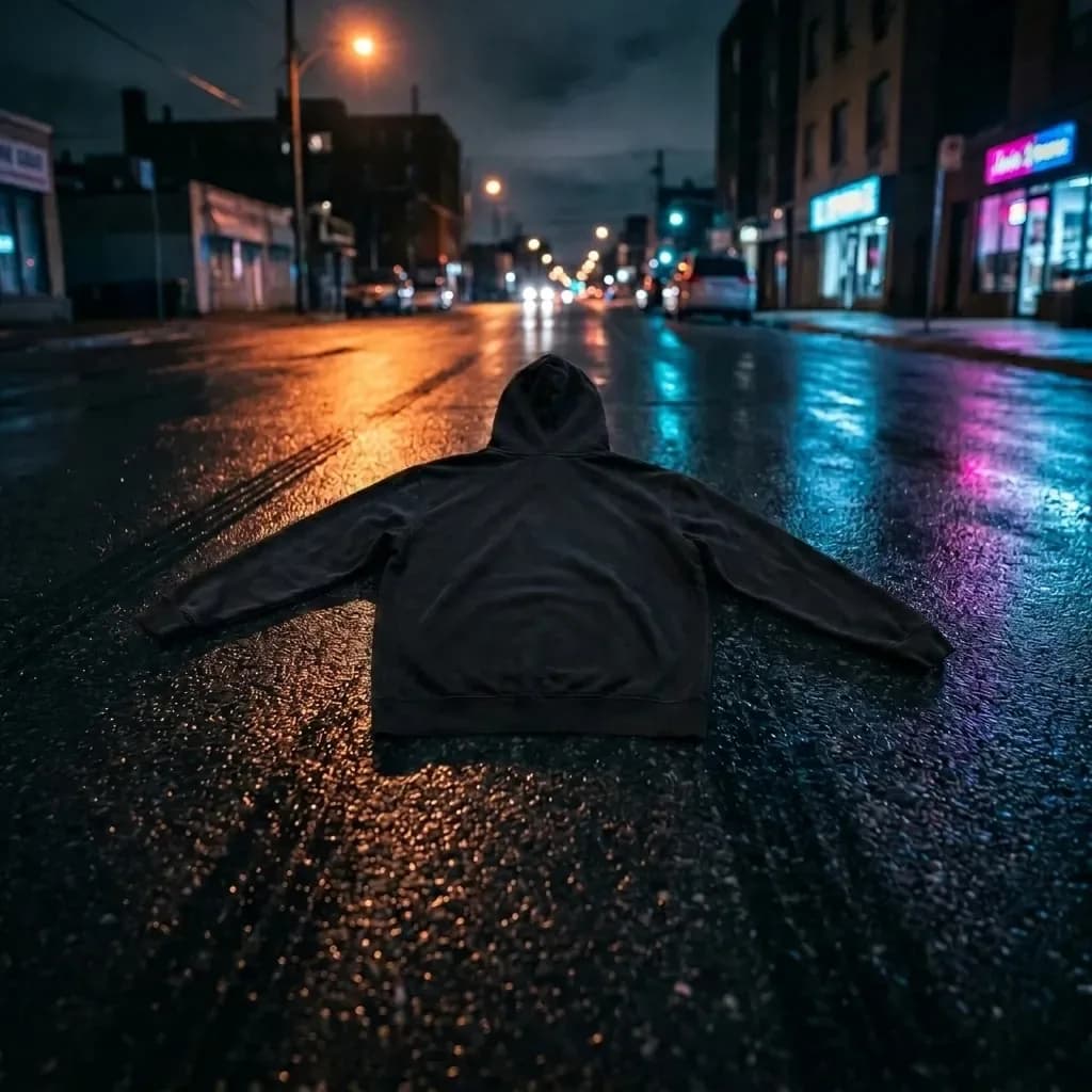 Chandail à capuchon noir présenté dans une scène automobile nocturne