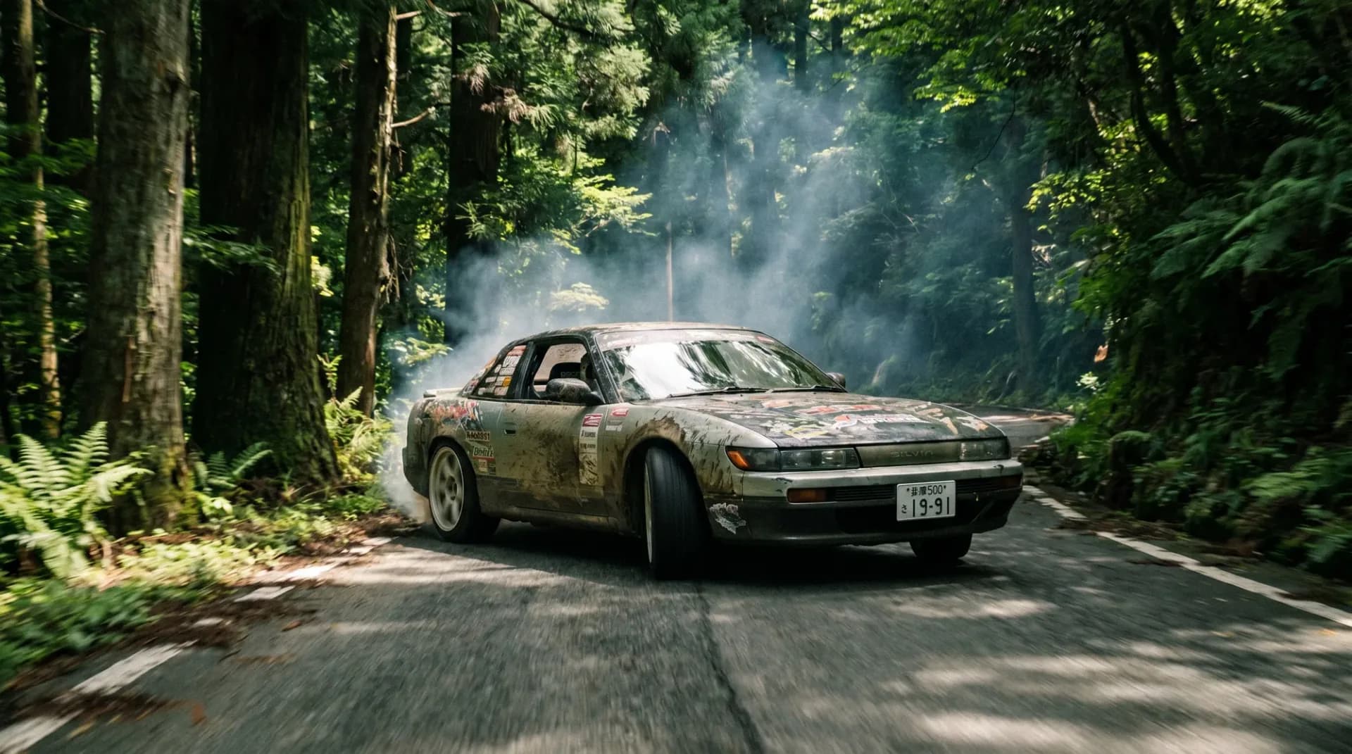 Un char de drift qui enfile une courbe dans un chemin de forêt, fumée entre les arbres