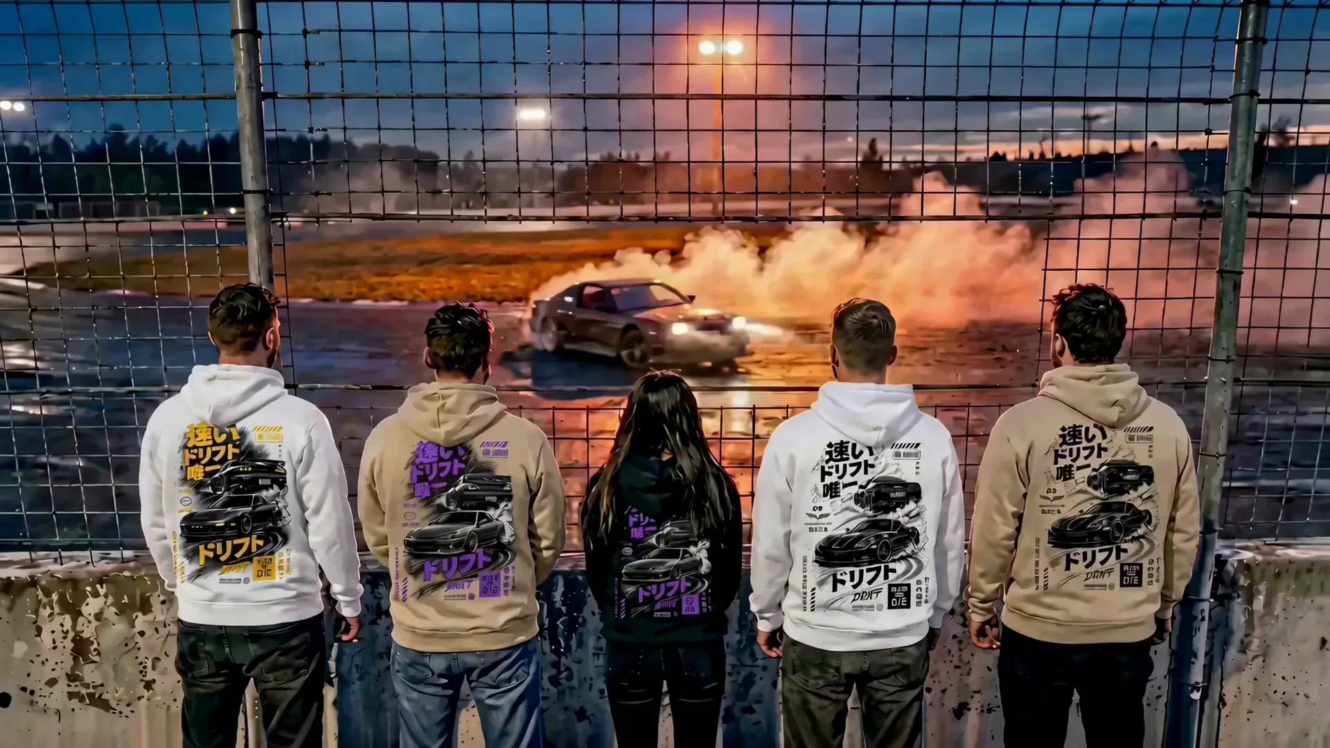 Un crew Street Drift de dos qui regarde un char antique drifter sur la piste au coucher du soleil